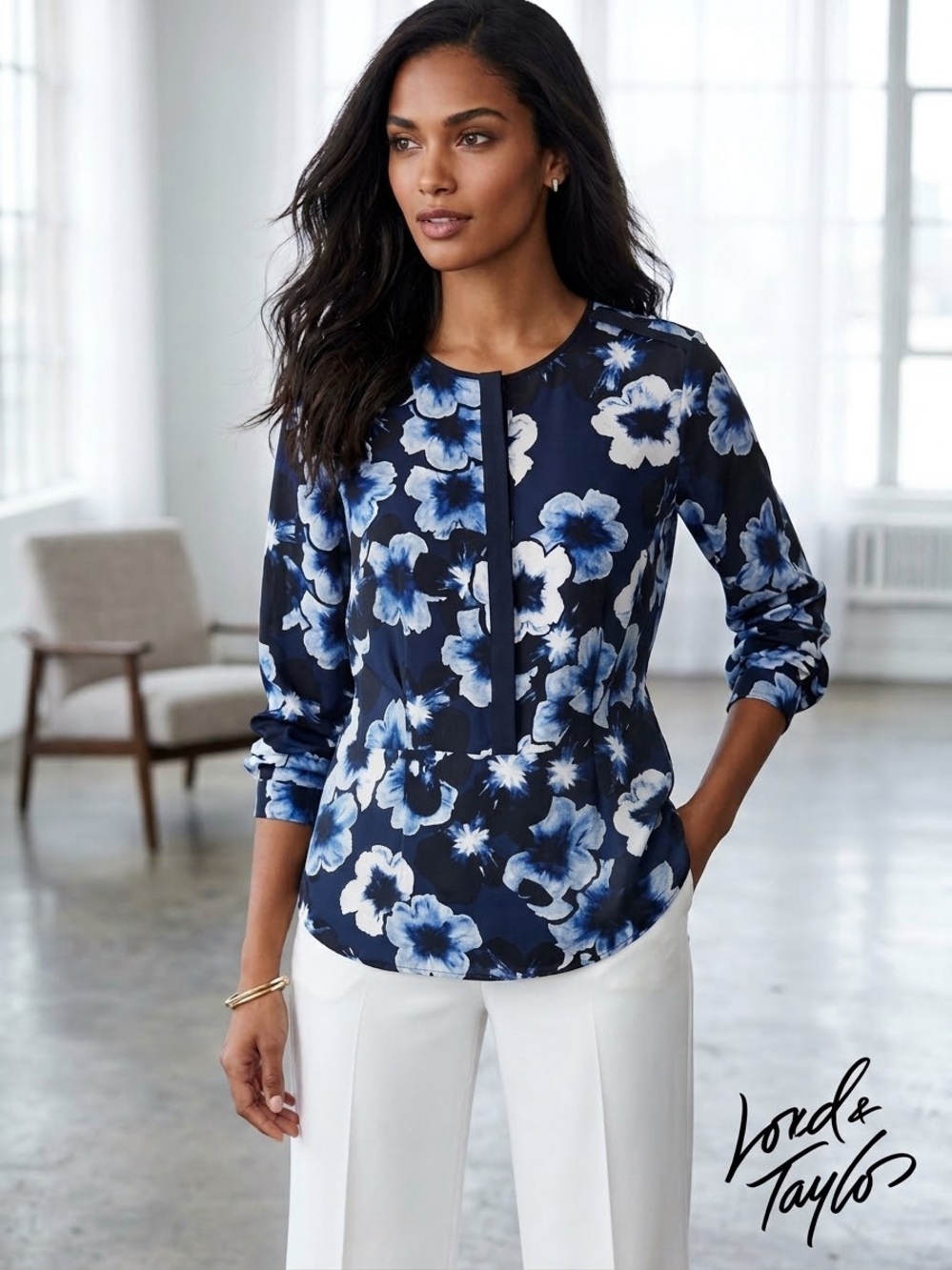 Lord & Taylor Navy Floral  Blouse